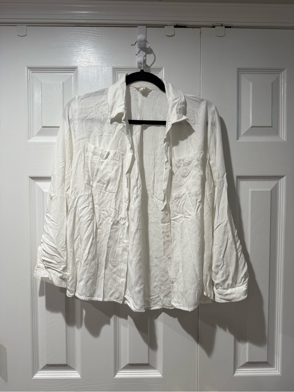 Lightweight White Rayon Top with roll tab sleeve